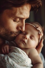 Poster - A man cradling a baby in his arms, a tender moment of fatherhood