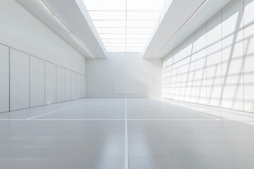 Poster - Indoor tennis court scene with a white room and skylight, ideal for interior design or sports-related uses