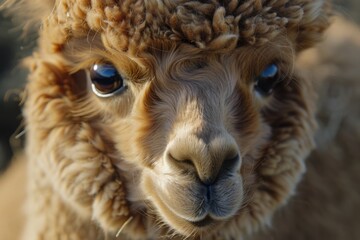 Wall Mural - Close-up portrait of an alpaca's gentle face, ideal for use in animal-related stories or as a unique illustration