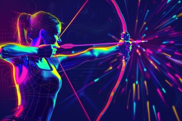 Poster - A woman practicing archery with a bow and arrow, focusing on her target
