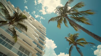 Poster - Palm trees in front of a tall building, suitable for travel or architecture use