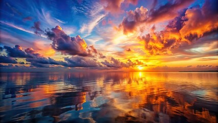 Wall Mural - Beautiful sunset over the sea with colorful clouds reflecting in the water , sunset, sea, horizon, landscape, dusk, water