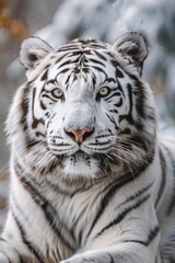Poster - A white tiger is seen laying down in the snowy terrain