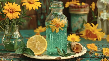 Wall Mural -  Lemon on plate, water bottle & vase flowers behind