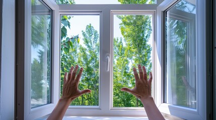Poster - A person stretching out to reach something from outside a window, potential use in advertising or editorial contexts