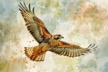 Poster - A close-up shot of a hawk soaring through the clouds, with the sun shining down on its feathers