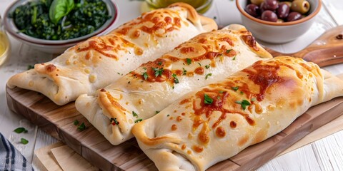 Wall Mural - Overhead view of vegetarian calzone with broccoli rabe and olives. Concept Food Photography, Vegetarian Recipes, Calzone Ideas, Broccoli Rabe Dishes, Olives in Recipes