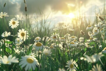 Poster - A picturesque scene of a field of daisies with the sun setting in the background, perfect for use in nature-inspired designs or as a symbol of warmth and happiness