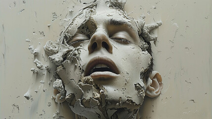 Wall Mural - A surreal image of a person's face partially covered in cracked, dried clay or mud, with their eyes closed and mouth slightly open. The texture of the clay creates an artistic and dramatic effect.