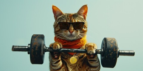 Wall Mural - A cat wearing sunglasses holds a pair of dumbbells, great for fitness or humor images