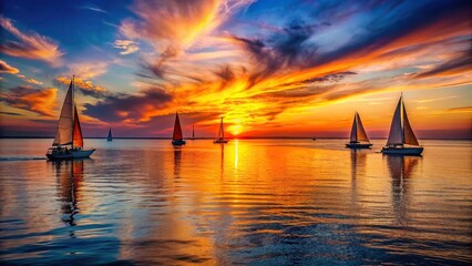 Wall Mural - Sailboats gliding across the water as the sun sets in a breathtaking display of colors, sailboats, sunset, water, ocean, horizon