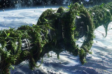 Wall Mural - A space station orbiting a planet made entirely of flora, with vines and leaves instead of metal and glass