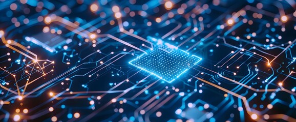 Close up of microchip circuit with neon, orange, and blue lights in detail. Futuristic server printed circuit board. Futuristic server code processing circuit board.