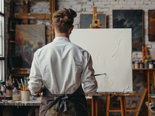 Artist painting on large canvas in studio, surrounded by tools and artworks. Back view of painter at work