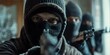 © Anastasiia - Armed thieves in masks preparing to rob a bank and invade a home. Concept Crime Spree, Bank Robbery, Home Invasion, Masked Thieves, Dangerous Situations