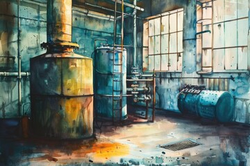 Poster - A watercolor painting of industrial equipment found in a factory, including pipes and tanks