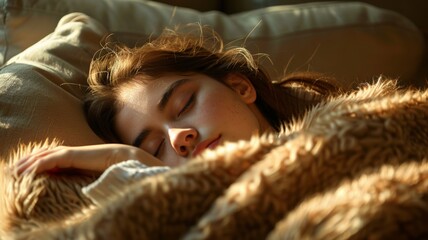 Wall Mural - Woman asleep in bed with a soft blanket, enjoying a peaceful slumber in the morning sunlight.