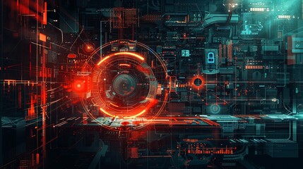 Poster - A digital abstract depicting advanced cybersecurity measures with digital locks, shields, network nodes, and AI algorithms. Generative AI