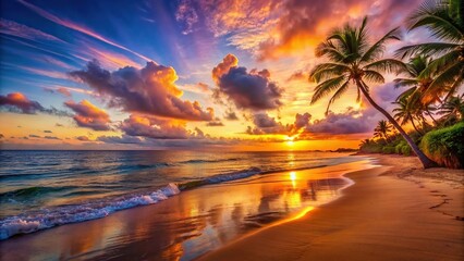 Vibrant sunset illuminating a tropical beach during the holiday season, sunset, holiday, vibrant, tropical, beach, dusk