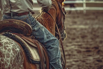 Poster - A person sitting on the back of a brown horse, both in motion