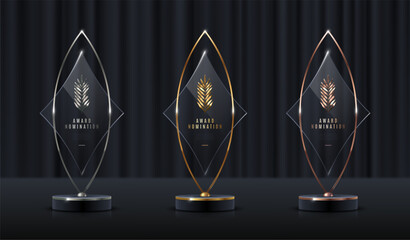 Wall Mural - Set of glass award trophy with palm branch. Transparent prize template with golden branch. Winner first place concept. Vector illustration.