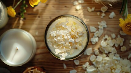Poster - Close-up of a glass with a burning candle surrounded by fresh flowers