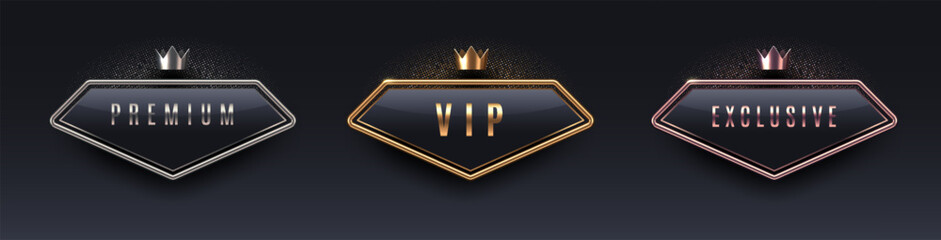 Wall Mural - VIP, premium and exclusive sign with 3d metal frame and crown. Golden, silver and bronze metallic luxury sign on black background. Vector set.