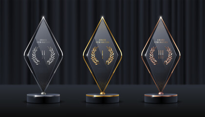 Wall Mural - Set of glass award trophy with laurel wreath. Transparent prize template with golden laurel branches. Winner first place concept. Vector illustration.