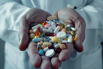 Poster - A close-up image of someone grasping a handful of pills, possibly for personal use or to take medication