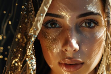 Poster - Close-up shot of a woman's face with glitter makeup and accessories, suitable for beauty, fashion, or lifestyle uses