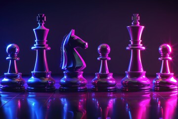 Poster - Group of chess pieces arranged on a chess board, with various pieces including pawns, knights, bishops, rooks, queens, and kings