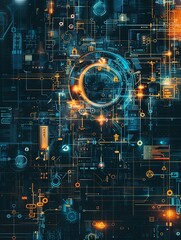 Poster - An abstract digital illustration of cybersecurity elements, including digital locks, shields, and network nodes, protected by AI algorithms. Generative AI