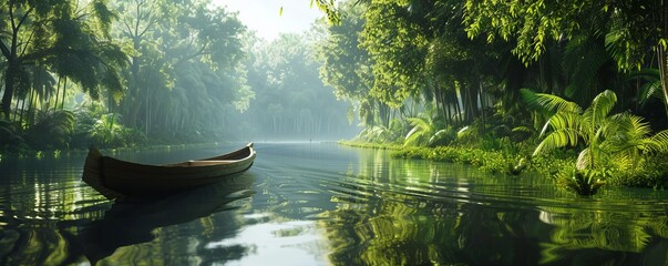 Wall Mural - Boating on a calm river surrounded by lush greenery, reflections in the water, 4K hyperrealistic photo.