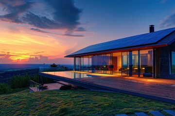 Poster - A house sits atop a hill overlooking a beautiful sunset
