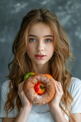 Wall Mural - A close-up image of a woman holding a donut with a strawberry on top