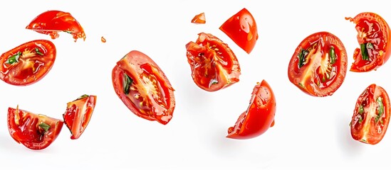 Slices of tomato with herbs on a white background. Vegetables with seasoning close-up