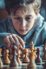Poster - A young boy focused on his game of chess, giving his best shot at winning