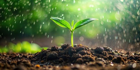 Macro photorealistic of a green seedling growing in the rain on the ground, representing nature's organic healthy farm food concept