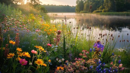 Wall Mural - Abundance of wild blooms in the soft light around the lake