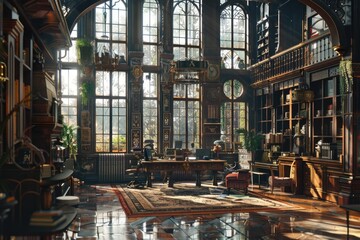 Poster - Cozy study room filled with books and a large clock on the wall, ideal for reading or studying