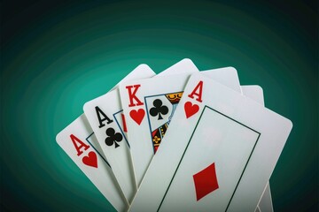 Poster - Close-up shot of four playing cards face up on a flat surface, with a wooden or plastic background