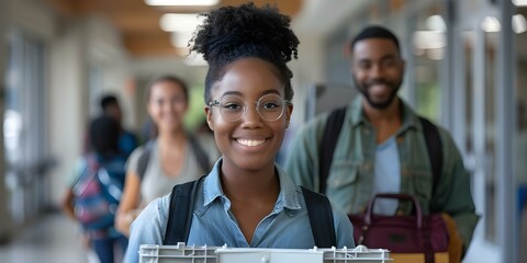 Wall Mural - Black college student moving into dorm with parents helping carry boxes. Concept Moving In, College Life, Family Bonding, Dormitory, Higher Education