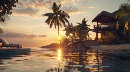 Poster - A serene scene of sunset over calm pool water with a warm glow