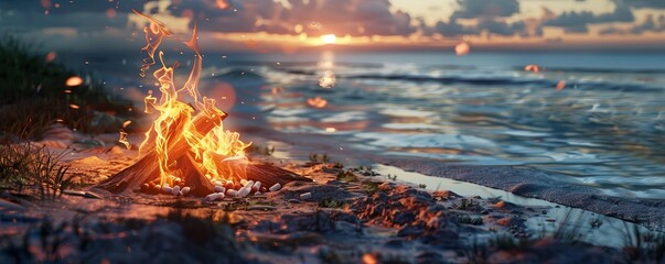 Wall Mural - Seaside bonfire with marshmallow roasting, crackling flames and beach ambiance, 4K hyperrealistic photo.