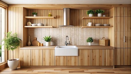 Wall Mural - Wooden home kitchen interior with washbasin and cutting board, tile wall, wood, home, kitchen, interior, washbasin, cutting board