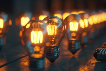 A row of light bulbs sitting on a wooden table, great for decorative or conceptual uses