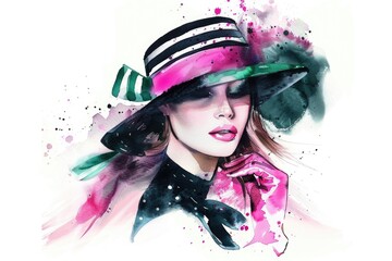 Sticker - A watercolor painting of a woman wearing a hat, suitable for use in editorial or advertising contexts