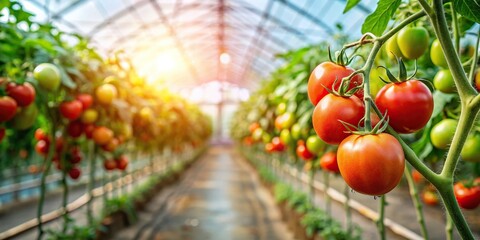 Wall Mural - Ripe tomato plant growing in a greenhouse, Tomatoes, ripe, plant, greenhouse, agriculture, farming, organic, healthy, food, growth