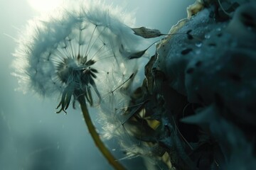 Poster - A close-up shot of a dandelion with water droplets glistening on its surface