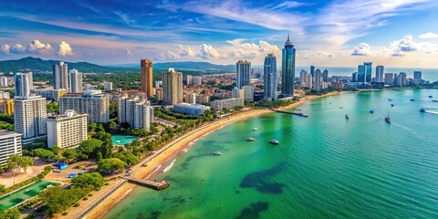 Vibrant aerial view of Pattaya city with skyscrapers and beach, Thailand, cityscape, travel destination